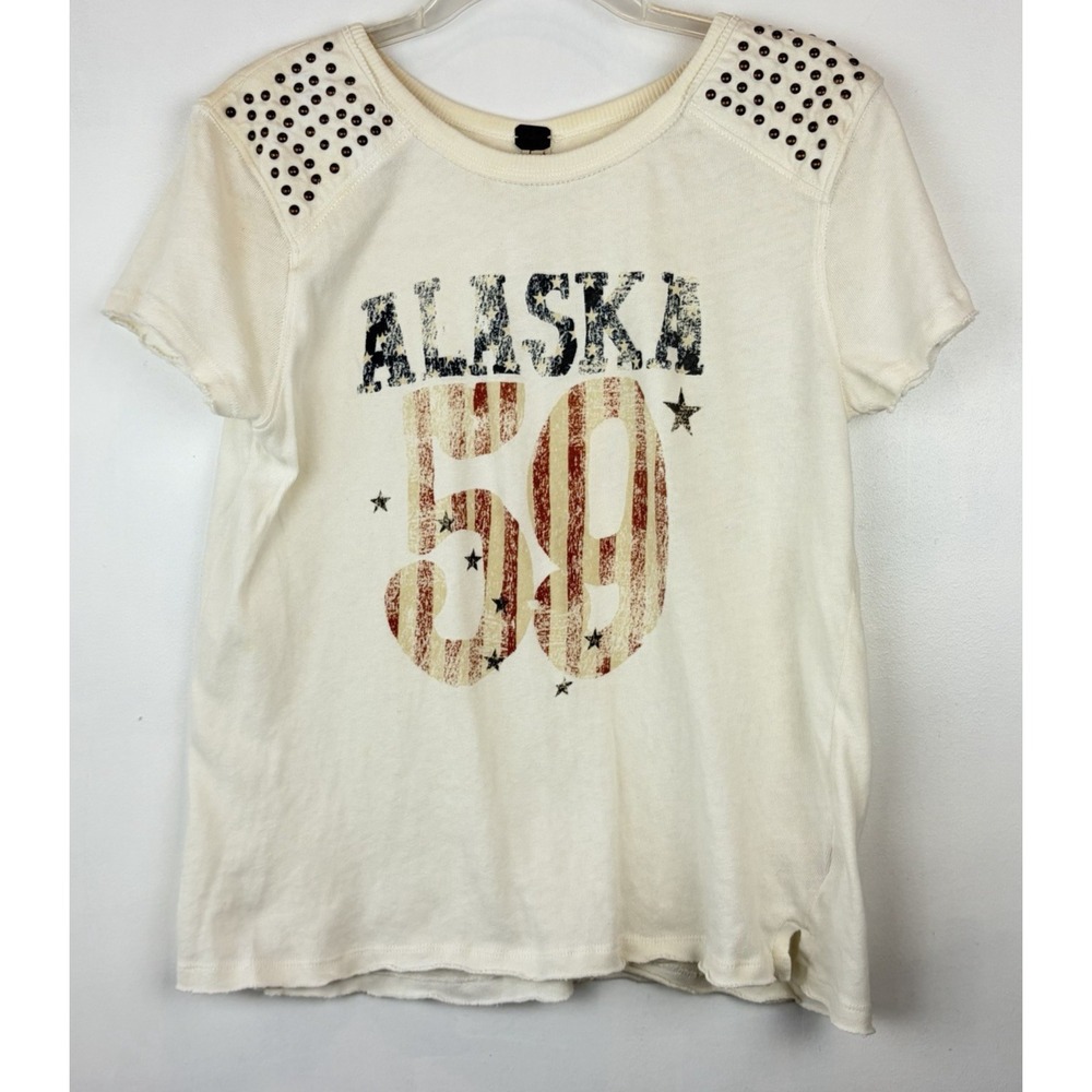 We The Free People Womens Small Graphic Oversized T Shirt Ivory Alaska Patriotic